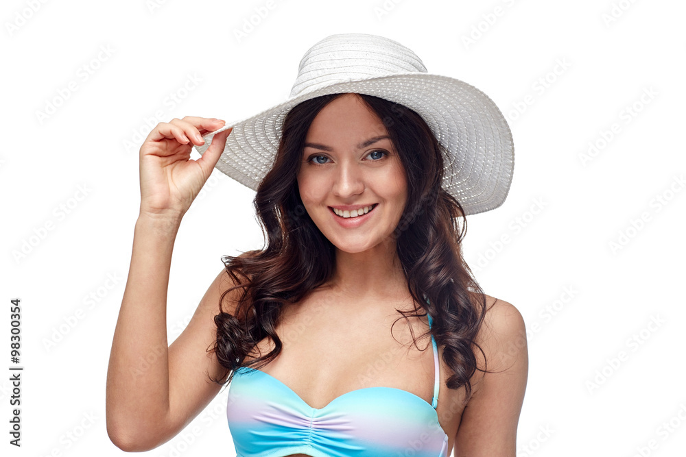 happy young woman in bikini swimsuit and sun hat happy young woman in bikini swimsuit and sun hat