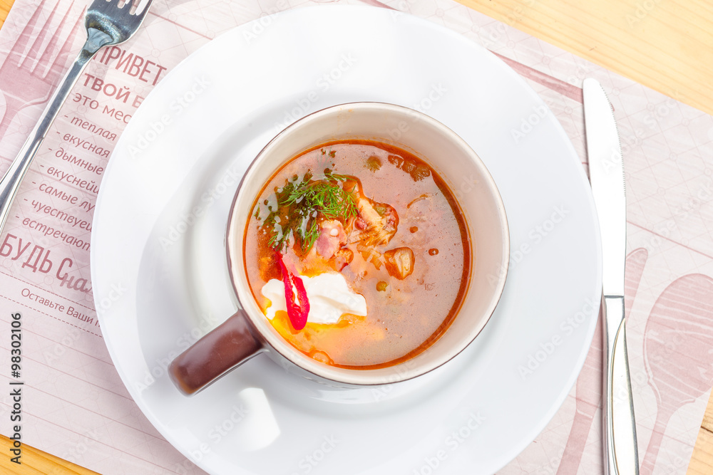 Traditional Ukrainian Russian vegetable soup, borsch Traditional Ukrainian Russian vegetable soup, borsch