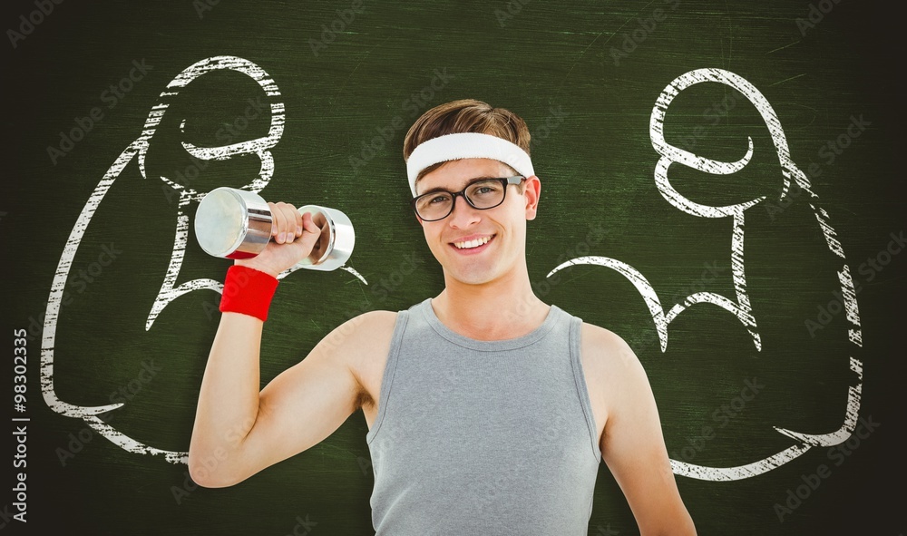 Composite image of geeky hipster posing with dumbbell