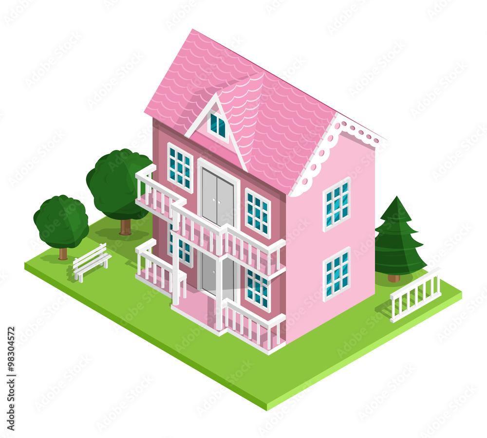 3d realistic detailed isometric pink house icon with trees, bench and fence. Vector illustration isolated on white.