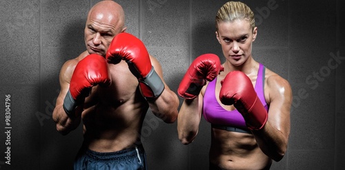 Composite image of portrait of boxers with gloves