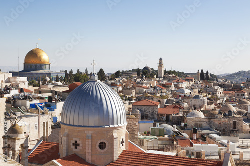 Jerusalem panoramic to roof view of sacred places  christians, jewish and muslims