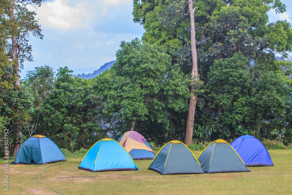 tent on campground in morning tent on campground in morning