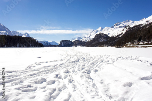 landscape of frozen lake in saint moritz