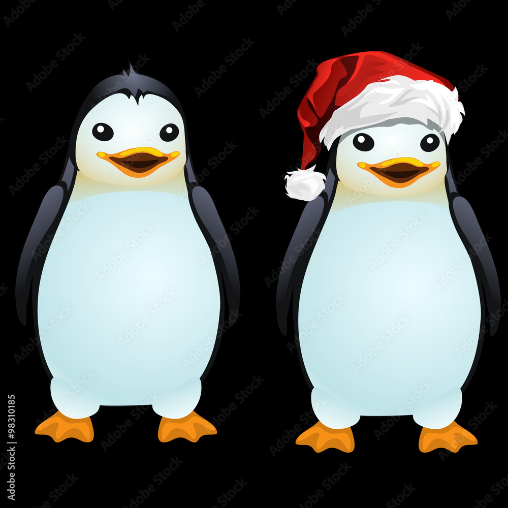 Fototapeta premium Two fun penguin in the Santa hat and without it