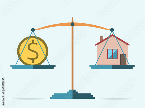 Scales, dollar and house