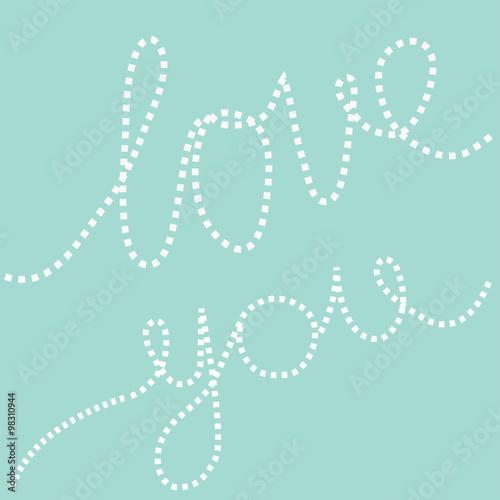Dash line text Love you in the sky. Greeting card. Flat design. Blue background