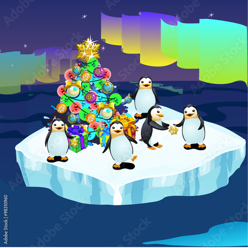 Penguins at the North pole swimming in ice with a Christmas tree, greeting card