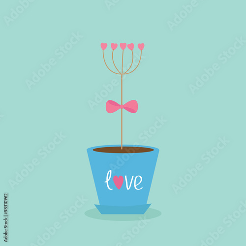 Flower tree stick with hearts in the pot.  Pink bow. Word Love. Flat design. Blue background