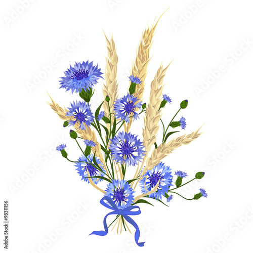 Fototapeta Naklejka Na Ścianę i Meble -  Beautiful bouquet of cornflowers and wheat spikelets, tied with silk ribbon