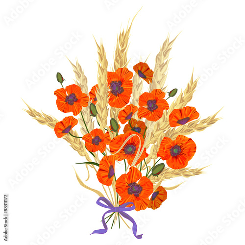 Beautiful bouquet of poppies and wheat spikelets, tied with silk ribbon