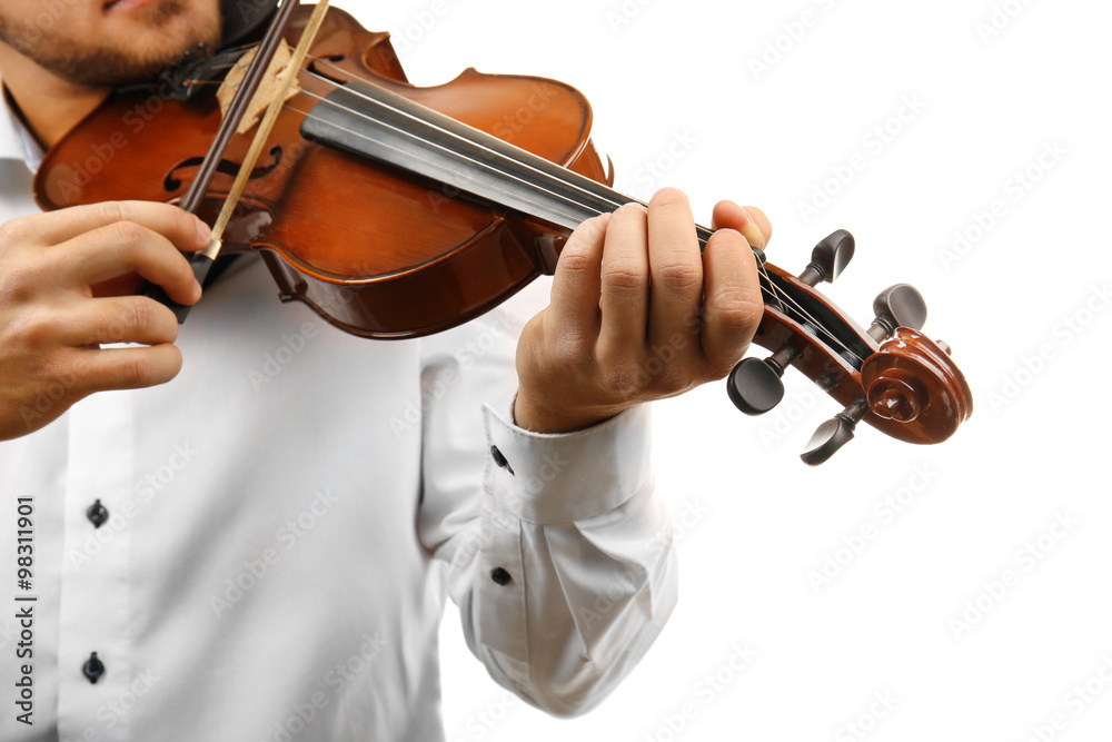 Musician plays violin isolated on white background, close up Musician plays violin isolated on white background, close up