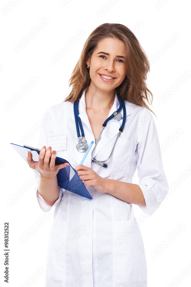 Portrait of happy young doctor isolated on white. Portrait of happy young doctor isolated on white.