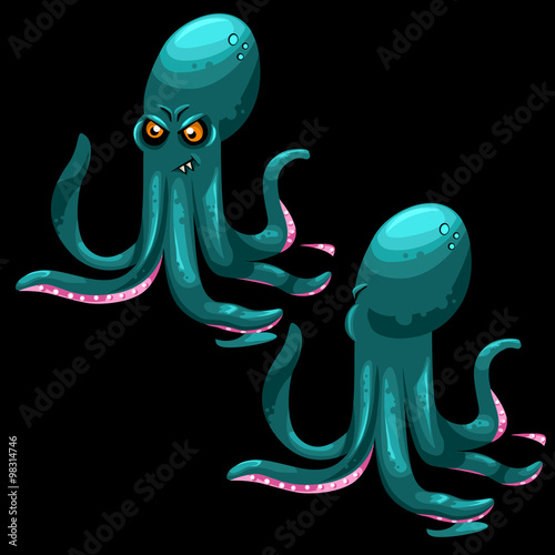 Two octopus on a black background, two sides
