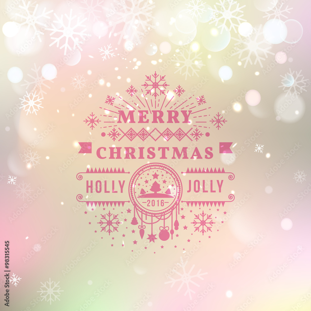 Fototapeta premium Merry Christmas Vintage Retro Typography Lettering Design Greeting Card on Bokeh background. Vector Happy New Year Happy Holidays