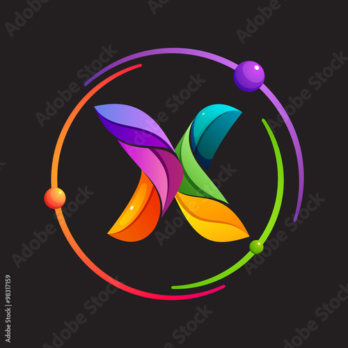 X letter logo with atomic or space orbits.