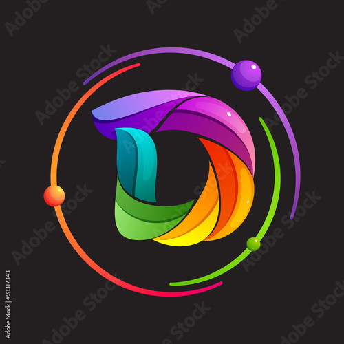 D letter logo with atomic or space orbits.