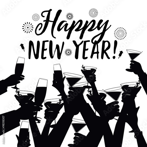 Crowd of Hands Toasting Happy New Year EPS 10 vector black and white silhouette.