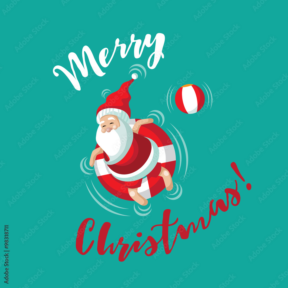 Merry Christmas from Cartoon Santa relaxing in an inner tube on the  tropical sea. Stock Vector | Adobe Stock