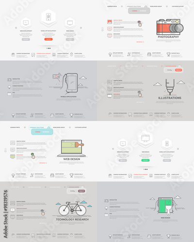 Website template elements collection:
Set of four  templates for personal or company business portfolio with concept icons. 