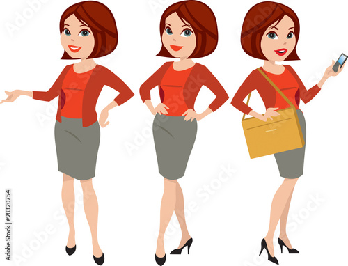 Professional woman in three poses with different facial expressions