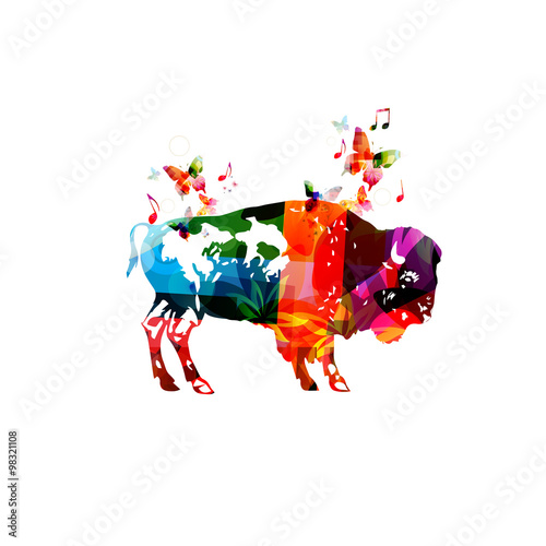 Colorful bison design with butterflies