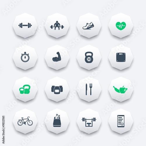 16 fitness, gym, sport, workout octagon icons, vector illustration