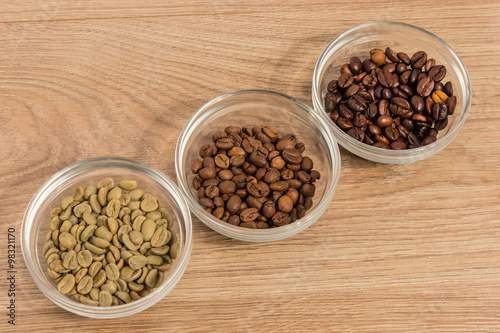 Three types of coffee in glass shelves of diagonally 2