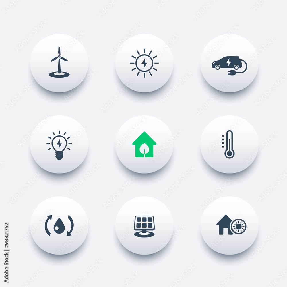 Green ecologic house, ecofriendly, energy saving technologies, round modern icons, vector illustration Green ecologic house, ecofriendly, energy saving technologies, round modern icons, vector illustration