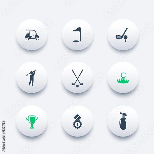Golf, golf clubs, car, golf player, round modern icons, vector illustration