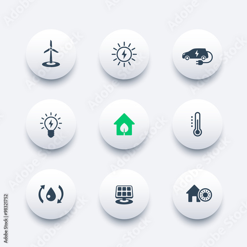 Green ecologic house, ecofriendly, energy saving technologies, round modern icons, vector illustration