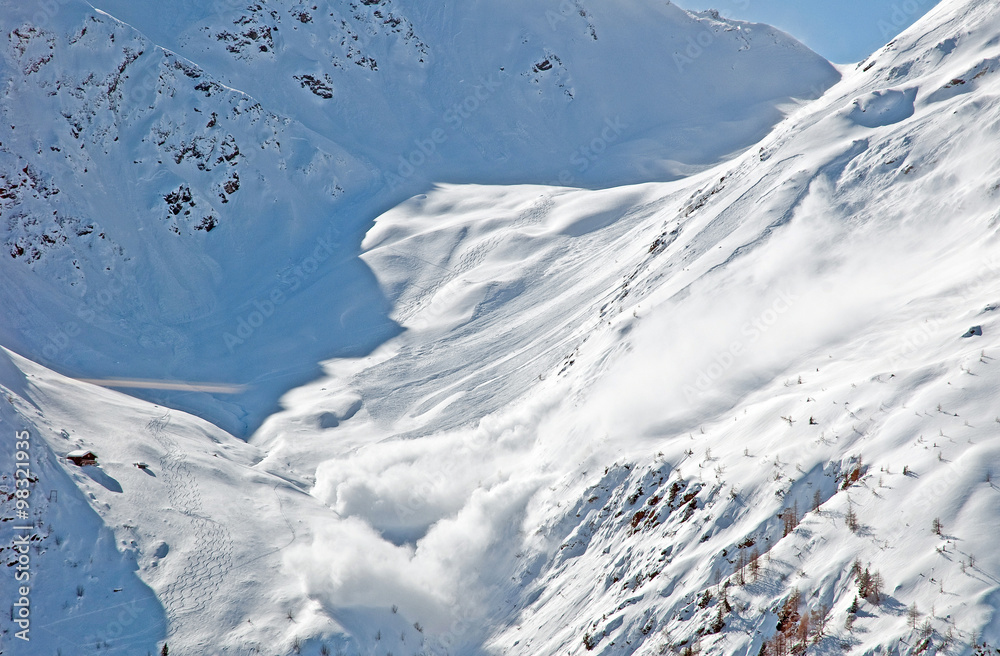 Snow avalanche in the mountains in winter Snow avalanche in the mountains in winter