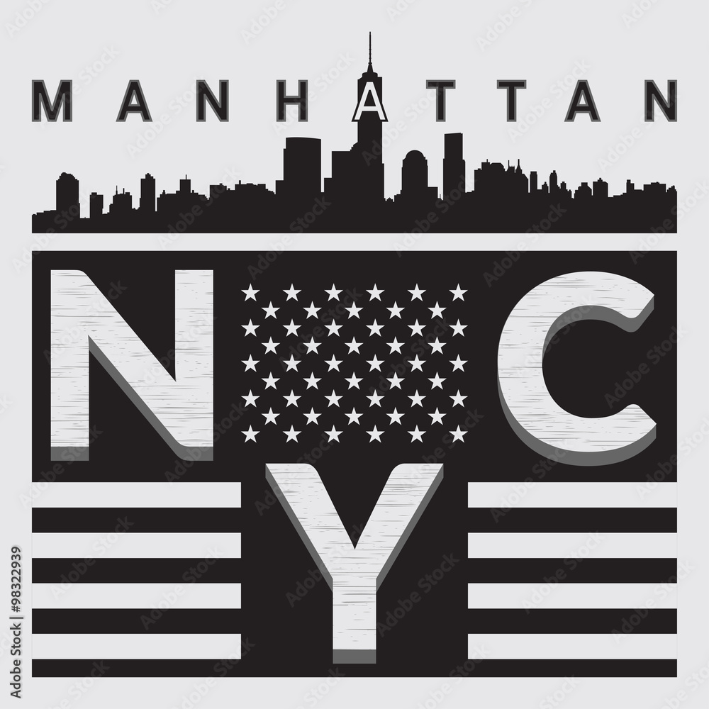 New York Manhattan Typography on gray background with american flag and  skyline of Manhattan. Sport T-shirt fashion graphics. Design print for  sportswear apparel. NYC original wear. Vector Stock Vector | Adobe Stock
