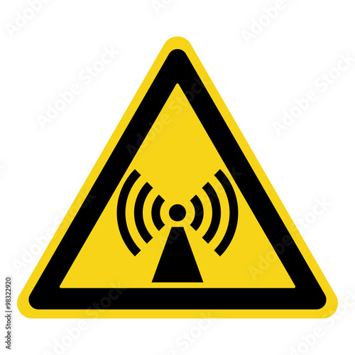 Non-ionizing radiation sign. Attention symbol of non ionized threat alert. Black hazard emblem isolated in yellow triangle on white background. Danger label. Warning icon. Stock Vector Illustration 