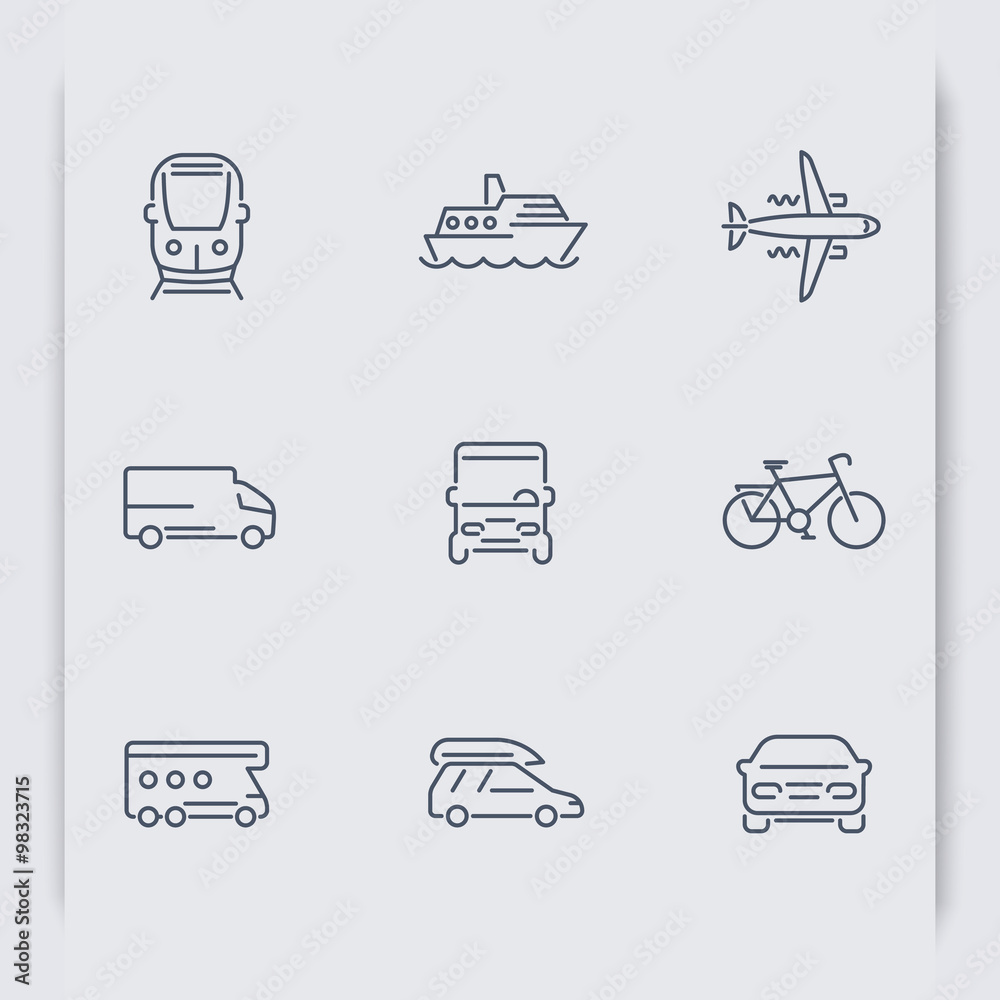 Transport thin line icons, car, van, minivan, bus, train, airplane, ship, vector illustration Transport thin line icons, car, van, minivan, bus, train, airplane, ship, vector illustration