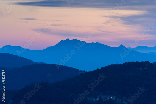 Canvas Print Morning sunrise and foggy of mountain in Korea