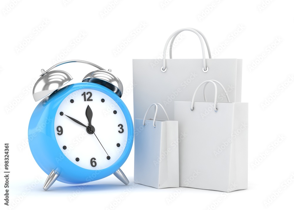 alarm clock and shopping bag (time to buy concept) alarm clock and shopping bag (time to buy concept)