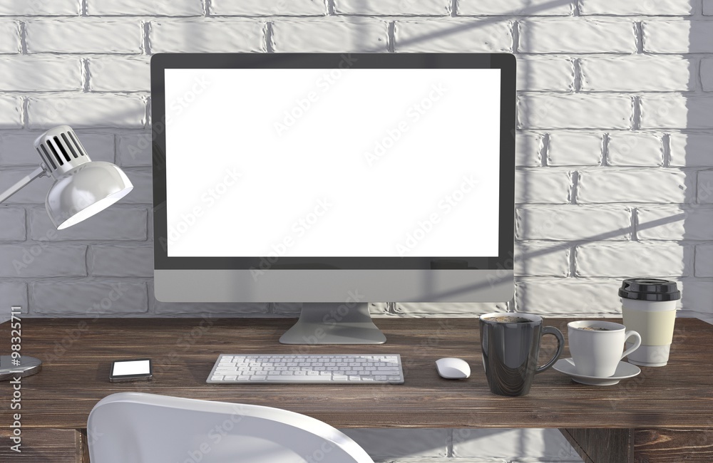 Fototapeta premium 3D illustration PC screen on table in office, Workspace