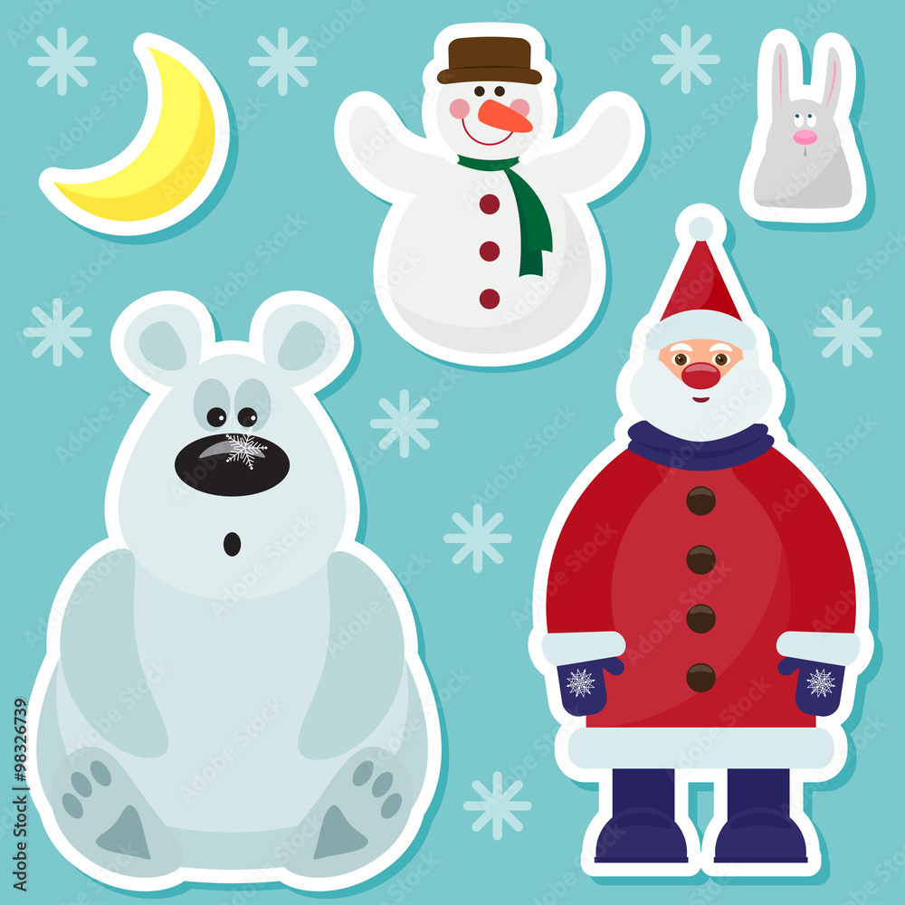 winter holidays set with cute Santa Claus,rabbit, moon and bear winter holidays set with cute Santa Claus,rabbit, moon and bear