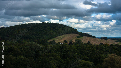 Lonely house with forest and cloudy sky