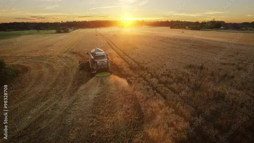 Aerial drone shot of a combine harvester working in a field at sunset.