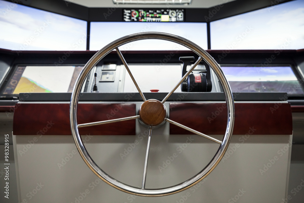 Fototapeta premium Modern ship control panel with steering wheel