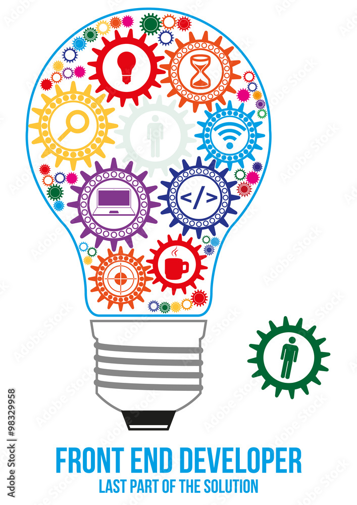 Front end developer design concept. Light bulb composed of interconnected  gears with different components of programming.