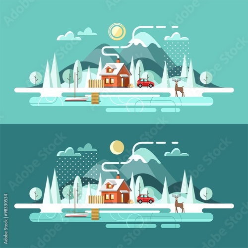 Nature. Winter landscape. Vector illustration in flat design style.