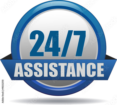24/7 ASSISTANCE / realistic modern glossy 3D eps vector sign / icon in blue with a banderole