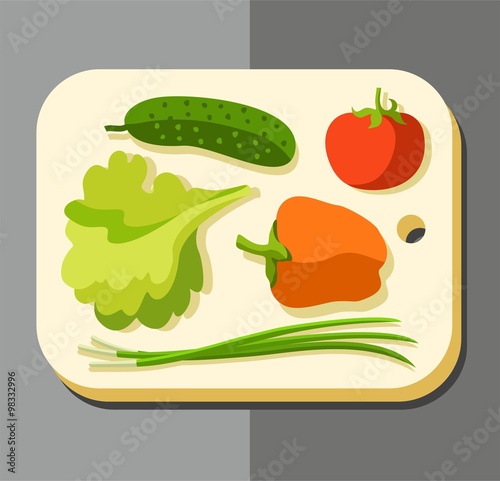 Vegetables for salad, coloured picture. 