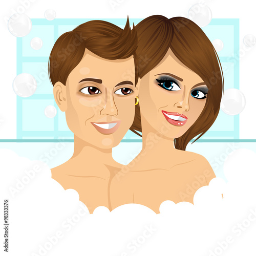young happy couple enjoying relaxing bubble bath 