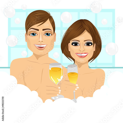 couple making toast with champagne in bathtub