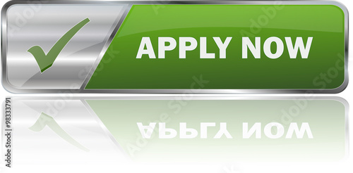 APPLY NOW / realistic modern glossy 3D vector eps banner in green with metallic border and checkmark