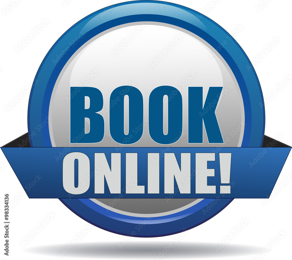 BOOK ONLINE / realistic modern glossy 3D eps vector sign / icon in blue with a banderole BOOK ONLINE / realistic modern glossy 3D eps vector sign / icon in blue with a banderole